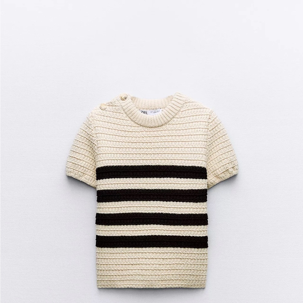 Zara Cream and Black Striped Knit Short-Sleeve Sweater